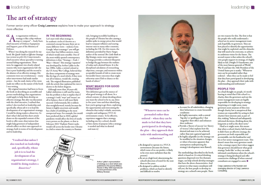 Article about the 'Art of Strategy' in 'Independent School Management' magazine